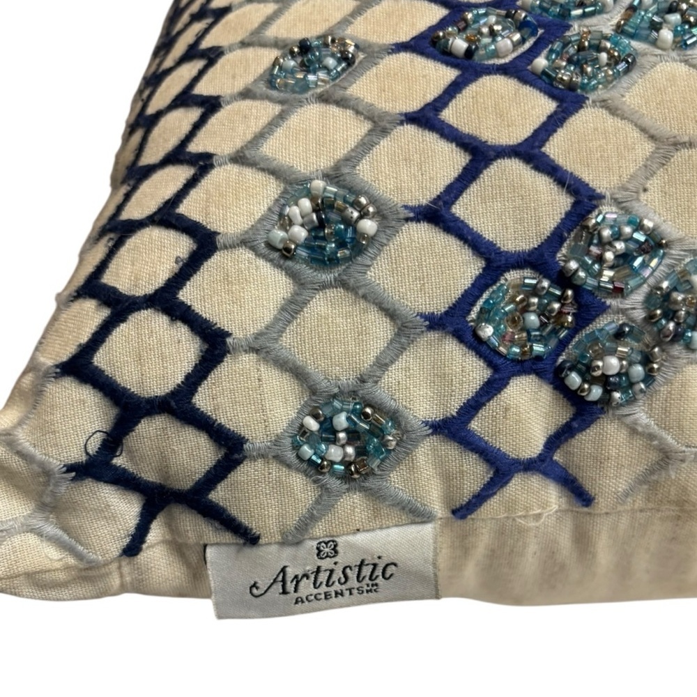 Artistic Accents Rectangular Accent Pillow Cream Blue Embroidery & Beads - Picture 3 of 9